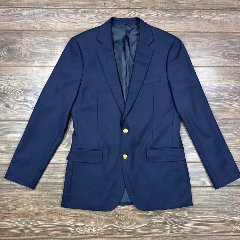J.Crew Mens 38R Slim Thompson University Blazer Navy Blue Gold Crest Button NEW